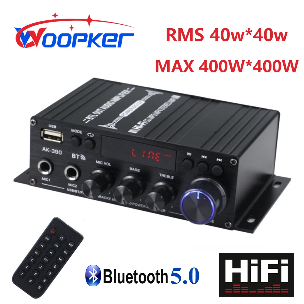 

Woopker Amplifier AK390 HIFI Sound Amp Channel 2.0 Bluetooth 5.0 Bass and Treble Adjustment RCA USB Mic Audio Input