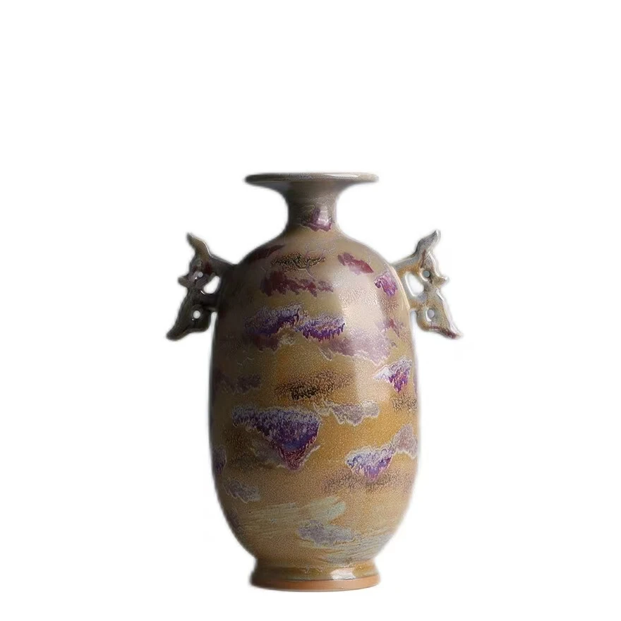 Jun Kiln Jun Porcelain Auspicious Harvest Golden Autumn Coiled Mouth Double Crane Vase Home Life Vase Ornament