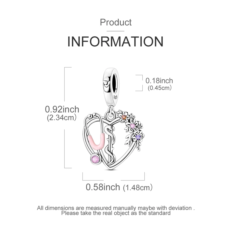 925 Sterling Silber Herz Stethoskop Schlange Stab Charms Perle CZ Zirkon LIEBE Baumeln Fit Original Armband DIY Frauen Schmuck Geschenk – Detail 2
