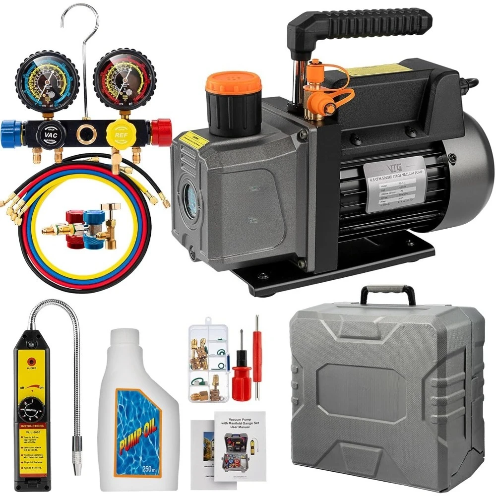 

HVAC Vacuum Pump and Gauge Set AC Manifold Kit with Leak Detector for R134a R22 R410a