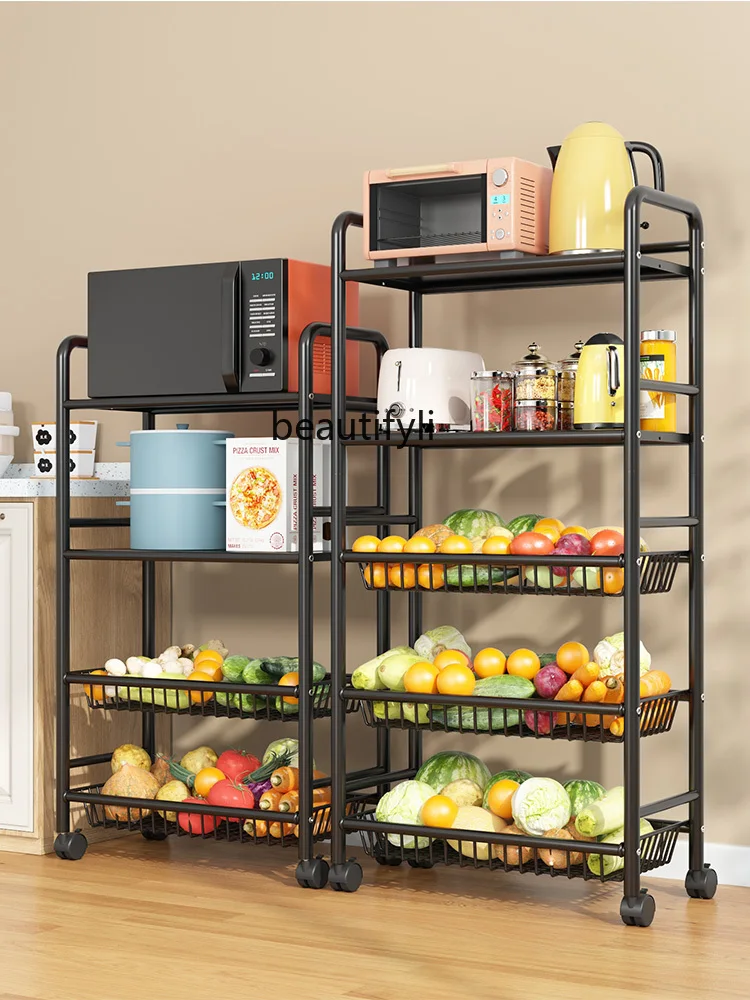 yj Kitchen Shelf Floor Multi-Layer Multi-Functional Fruit and Vegetable Vegetable Basket Storage Shelf with Wheels