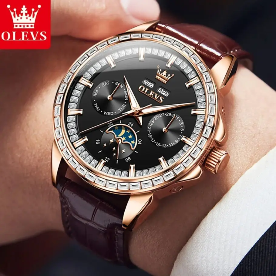 OLEVS 6695 Mens Watch Automatic Mechanical Watch Week Date Moon Luxury Business Sports Watch For Men 30m Waterproof Luminous Box