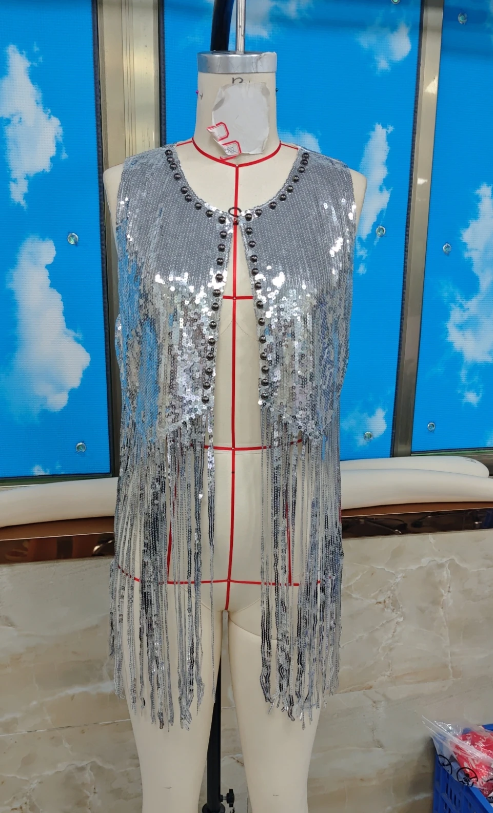 

Women Vest, Sleeveless Open Front Shiny Sequins Tasseled Outwear Gilet for Club Party