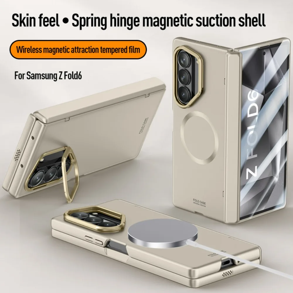 

For Samsung Galaxy Z Fold 6 Magsafe Case Matte Fold Hinge Bracket Magnetic Wireless Charging with Tempered Film Shockproof Cover