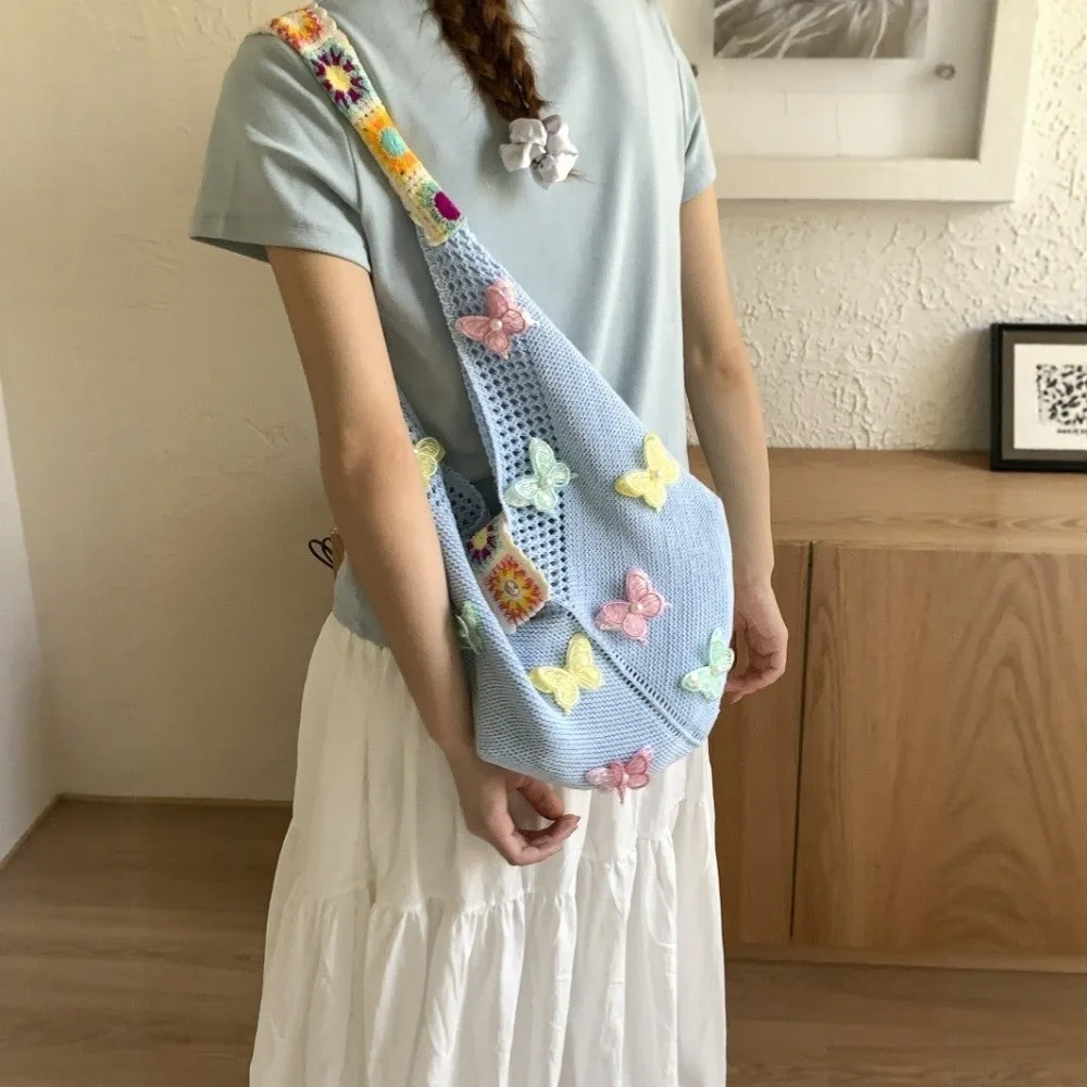 

Trendy Large Capacity Women Shoulder Bag Butterfly Floral Crochet Boho Handbag Multicolor Vintage Tote Bag