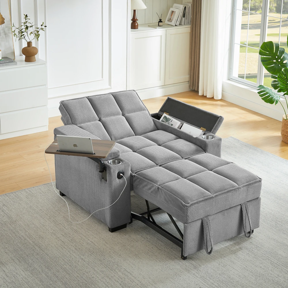 Khaki Single Sofa Bed with Wooden Frame, High-density Resilient Foam, Six-position Adjustable Backrest, USB Port, Cup Holder, and Swivel Side Table.