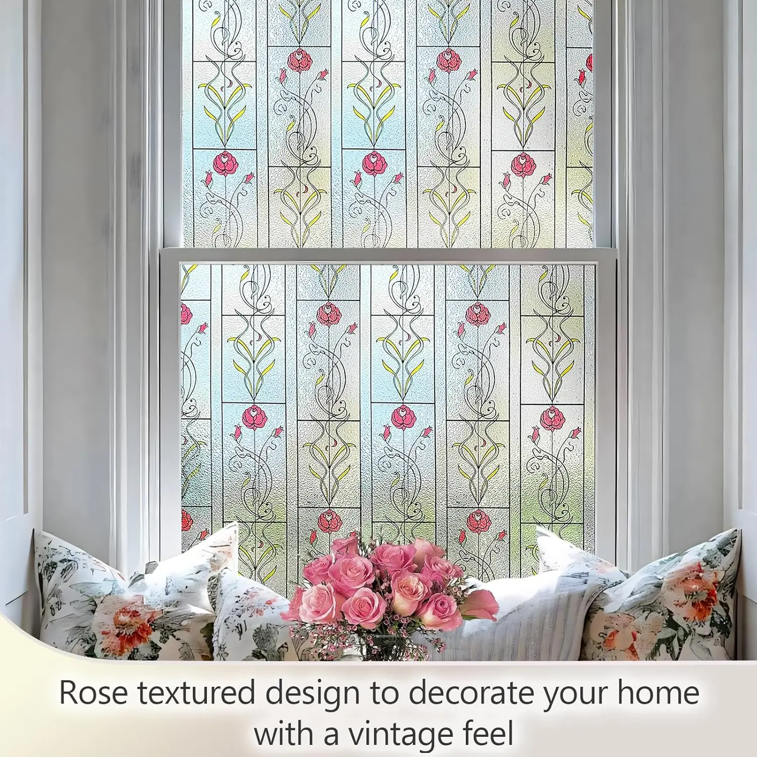 Vintage Rose Glass Window Film, Static Cling Non Adhesive Privacy Film, UV Blocking Heat Control Decorative Glass for Bathroom