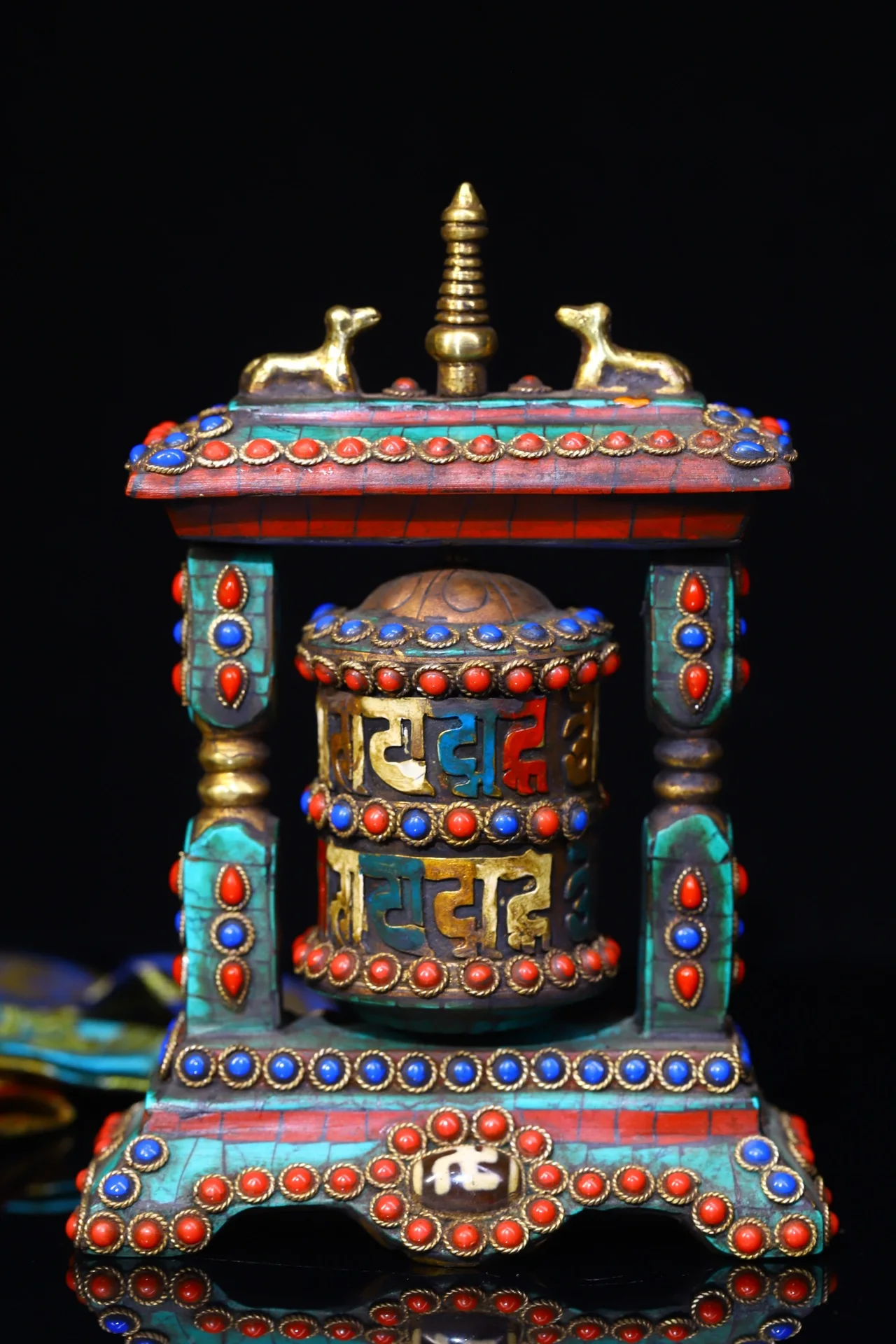 

5"Tibetan Temple Collection Old Bronze Painted Mosaic Gem gZi Beads Turquoise Six Character Proverbs Prayer Wheel Old Scriptures