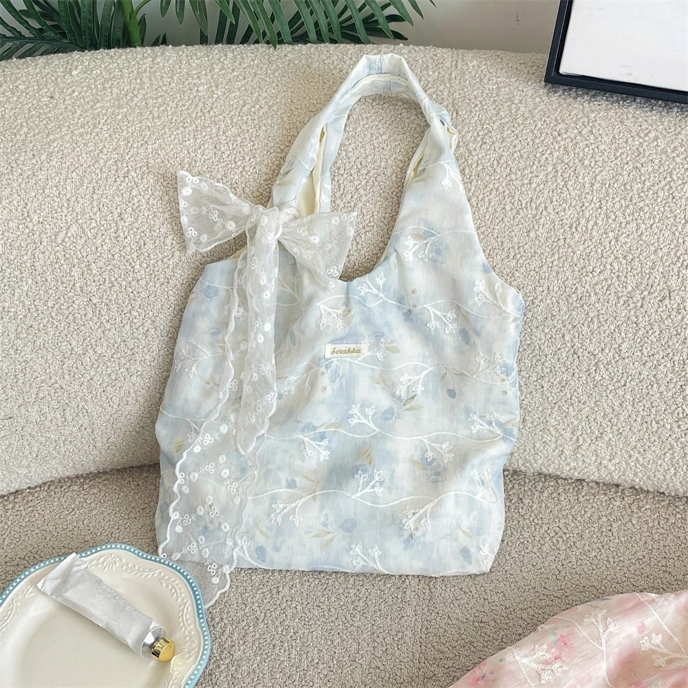 Korean Women Floral Embroidered Shoulder Bag Shopping Bag Books Tote Bag Female Eco Handbag Reusable Grocery Shopper Purse