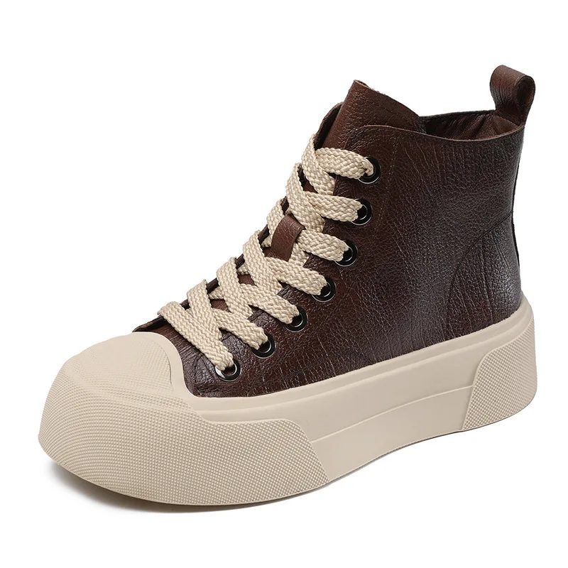 

5CM 2024 Spring Autumn Chunky Platform Ankle Boots Women Genuine Leather Lace-Up Zipper High Top Thick Sole Casual Board Shoes
