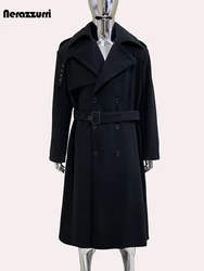 Nerazzurri Autumn Winter Long Oversized Black Warm Woolen Coat Men Belt Chic Luxury Designer Clothes Wool Blends Overcoat 2024