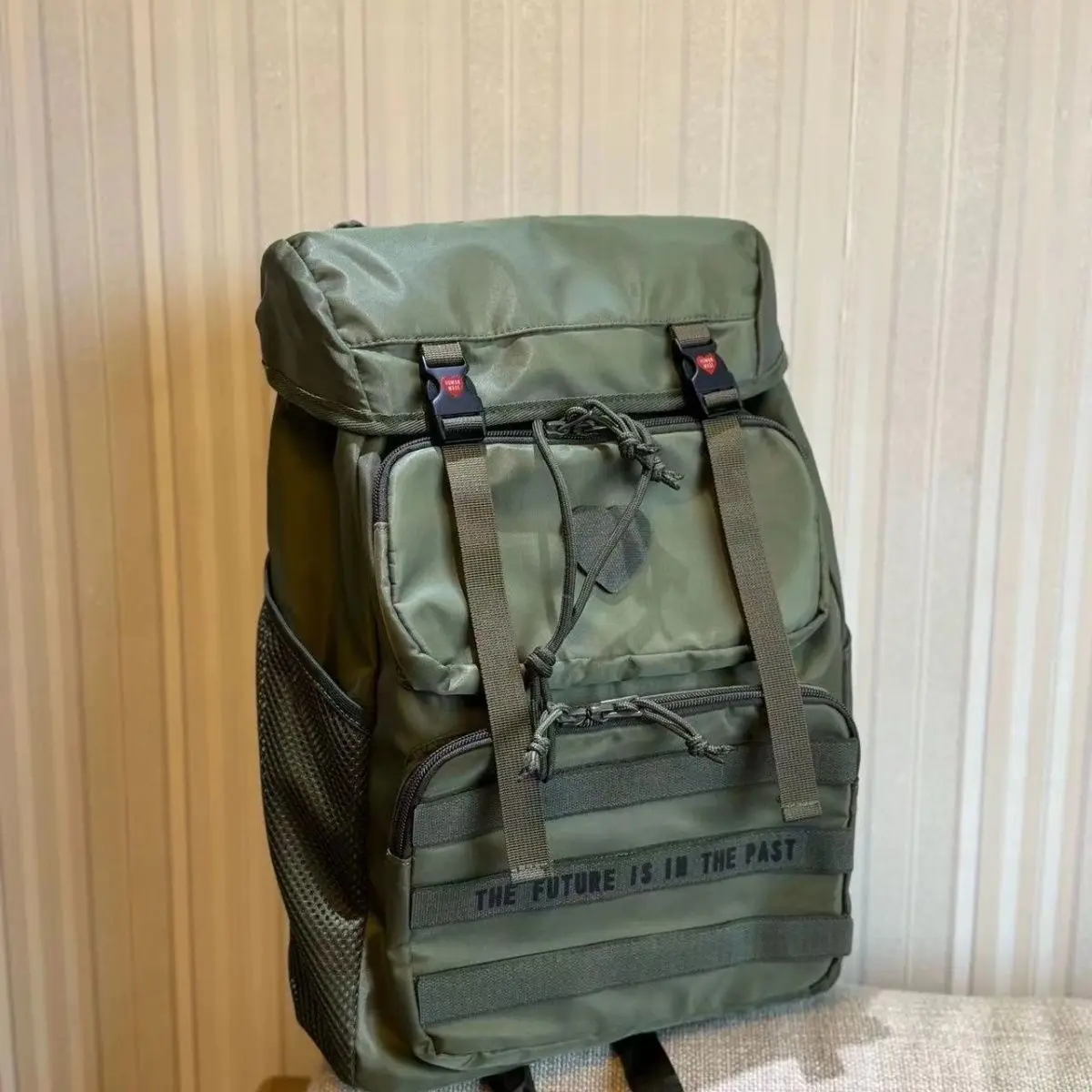 Human Made Style Heart Design Multi Pocket Utility Backpack Military Style Travel Casual Schoolbag Unisex