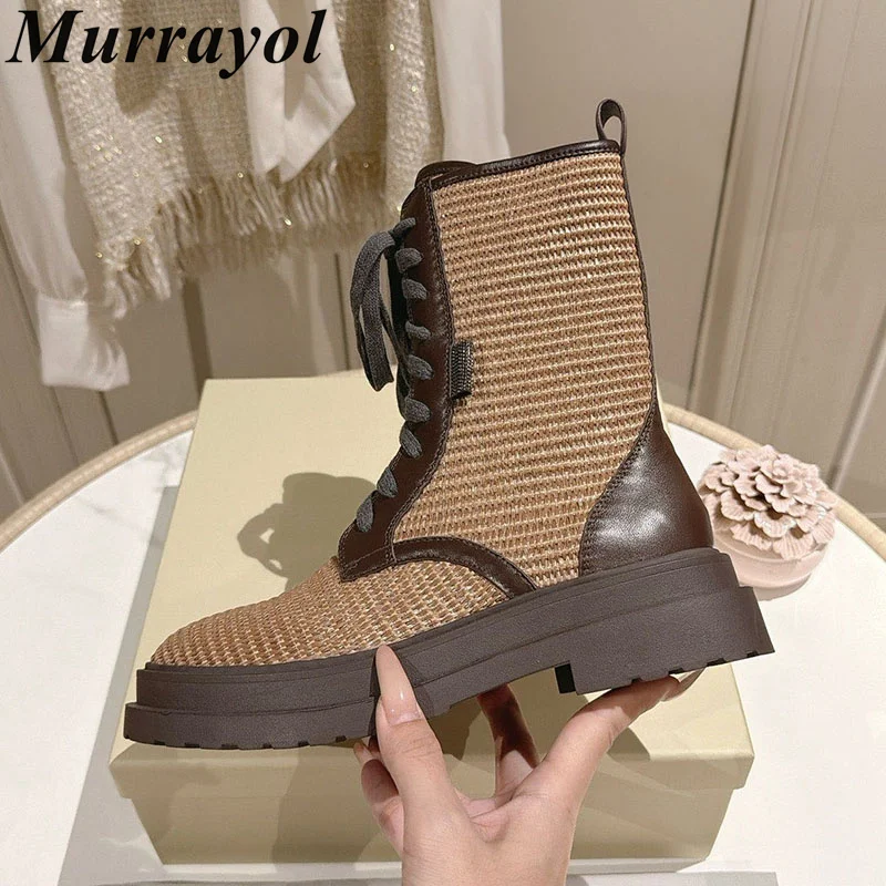 Short Boots Spring Autumn Weaving Thick Sole Botas Mujer Women Lace Up Round Toe Patchwork Mid Calf Boots Outdoor Daily Shoes