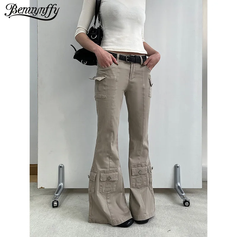 

Benuynffy American Retro Low-rise Flared Jeans Women Fashion 2026 Spring New Y2K Multi-pocket Streetwear Cargo Denim Pants