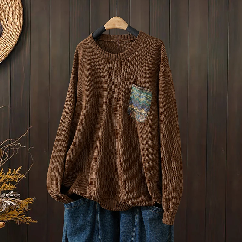 Maglione di cotone lavorato a maglia da donna Primavera Autunno Nuovo Sle Casual rotondo Ne Loose Fit Patch di grandi dimensioni ket Design floreale