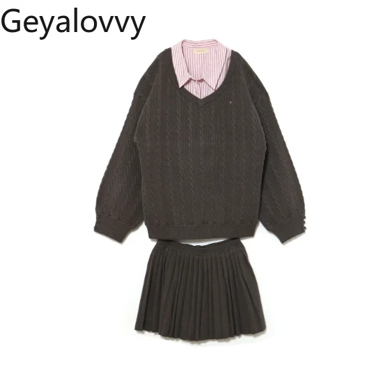 

Ladies Elegant Sets Spring and Autumn Japanese Style V-Neck Sweater Layered Striped Shirt Matching Pleated Short Skirt for Women