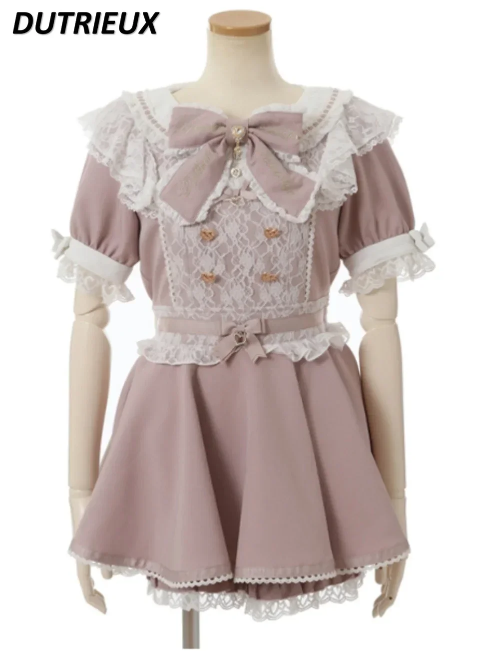 

Japanese Mine Mass-Produced Dress Women's Sweet Big Bow Lace Patchwork Ruffled Doll Collar Bubble Short Sleeve Dress Shorts Set