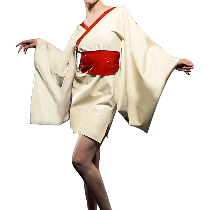 

White And Red Sexy Latex Kimono With Widening Obi Sash Eri Collar Rubber Dressing Gowns Robe Yukata Square Sleeves LYQ-0377