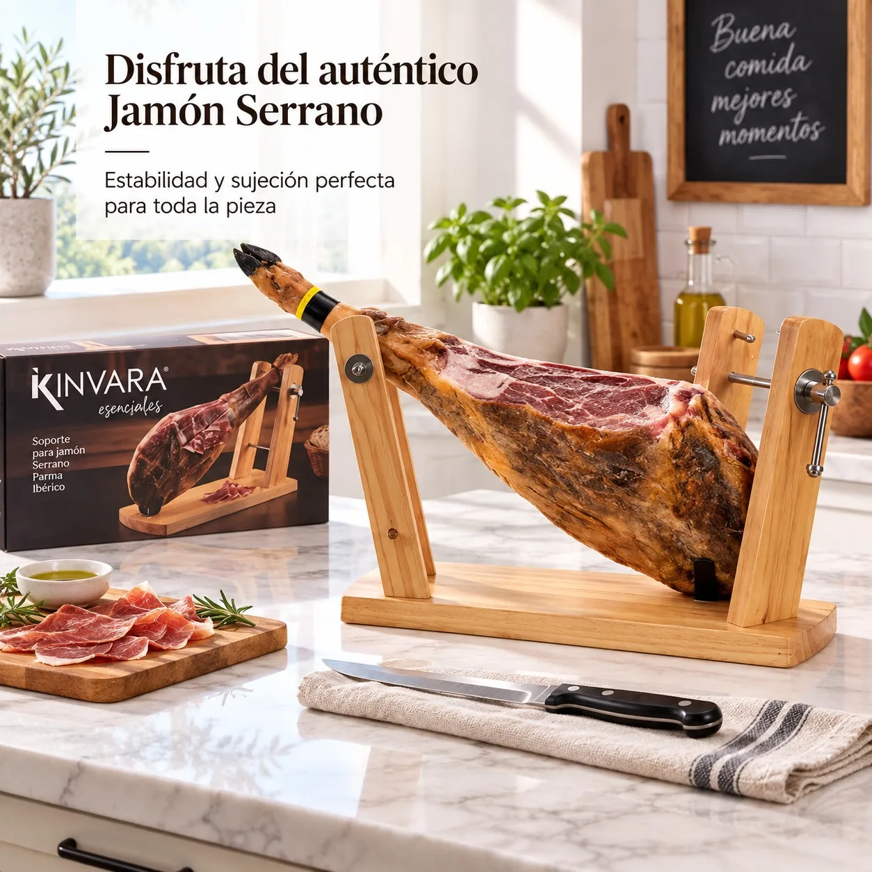 Fotografia 6: Suporte para presunto em madeira de pinho e aço inoxidável, com estrutura de braços duplos, para presuntos ibéricos e serranos. Base estável de 44,5 x 22,5 cm, ideal para cortes profissionais em casa.