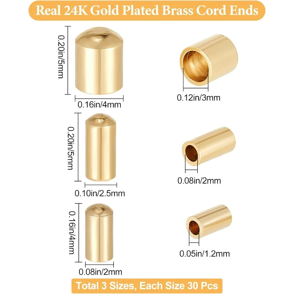 90Pcs 3 Size Leather Cord Ends 24K Gold Plated Brass Column End Caps 1.2/2/3mm Cord Terminators End Caps for DIY Jewelry