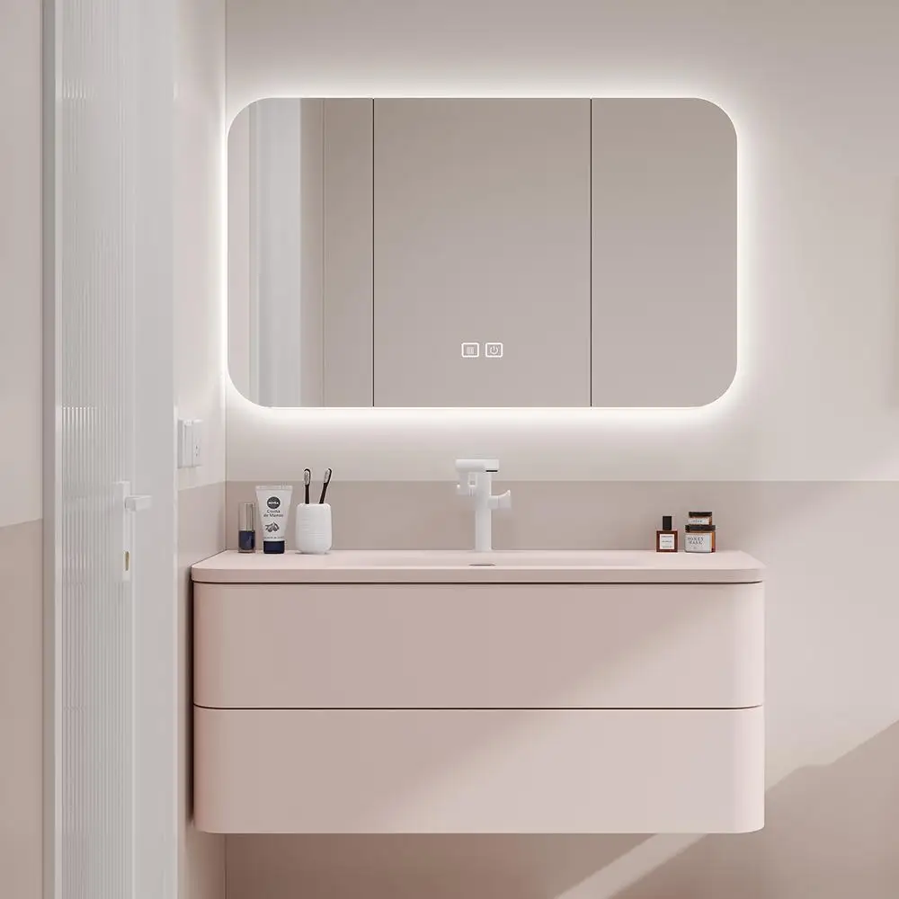 

Керамическая интегрированная тумба для ванной с раковиной, дуб, розовый цвет, для девочек, комбинация с зеркальным шкафчиком