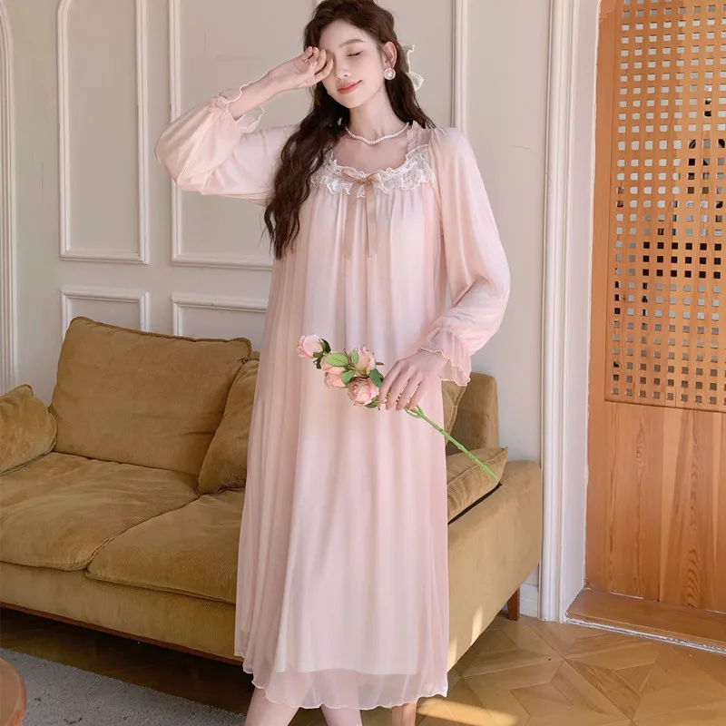 Sexy Lace Princess Nightdress Women Long Sleeve Nightgown Bathrobe Loungewear Rayon Home Clothes Summer Sleepwear Morning Gown