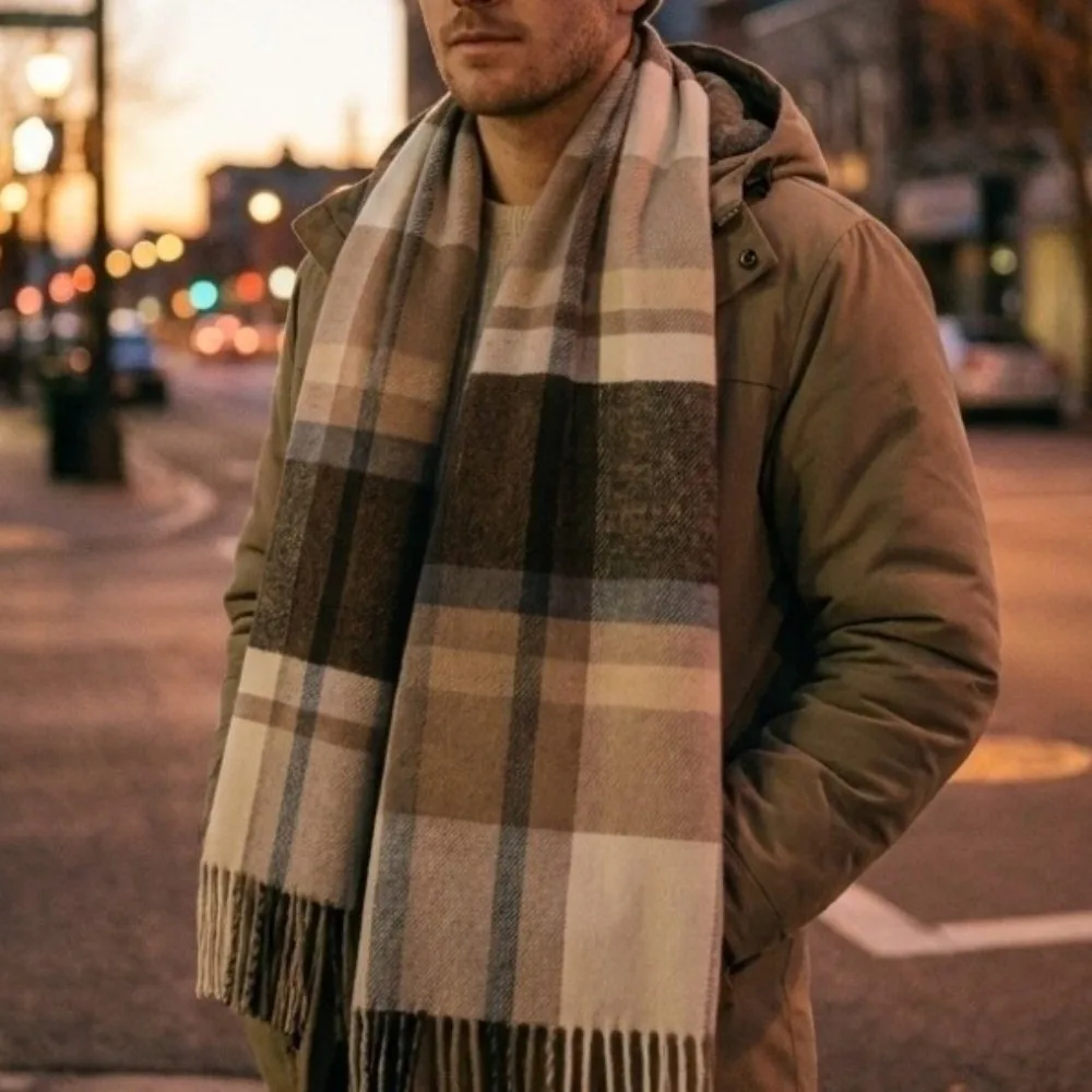 Versatile Polyester Men Plaid Scarf Warm Long Tassel Shawl Wrap Thickened All-Match Neck Scarf Students