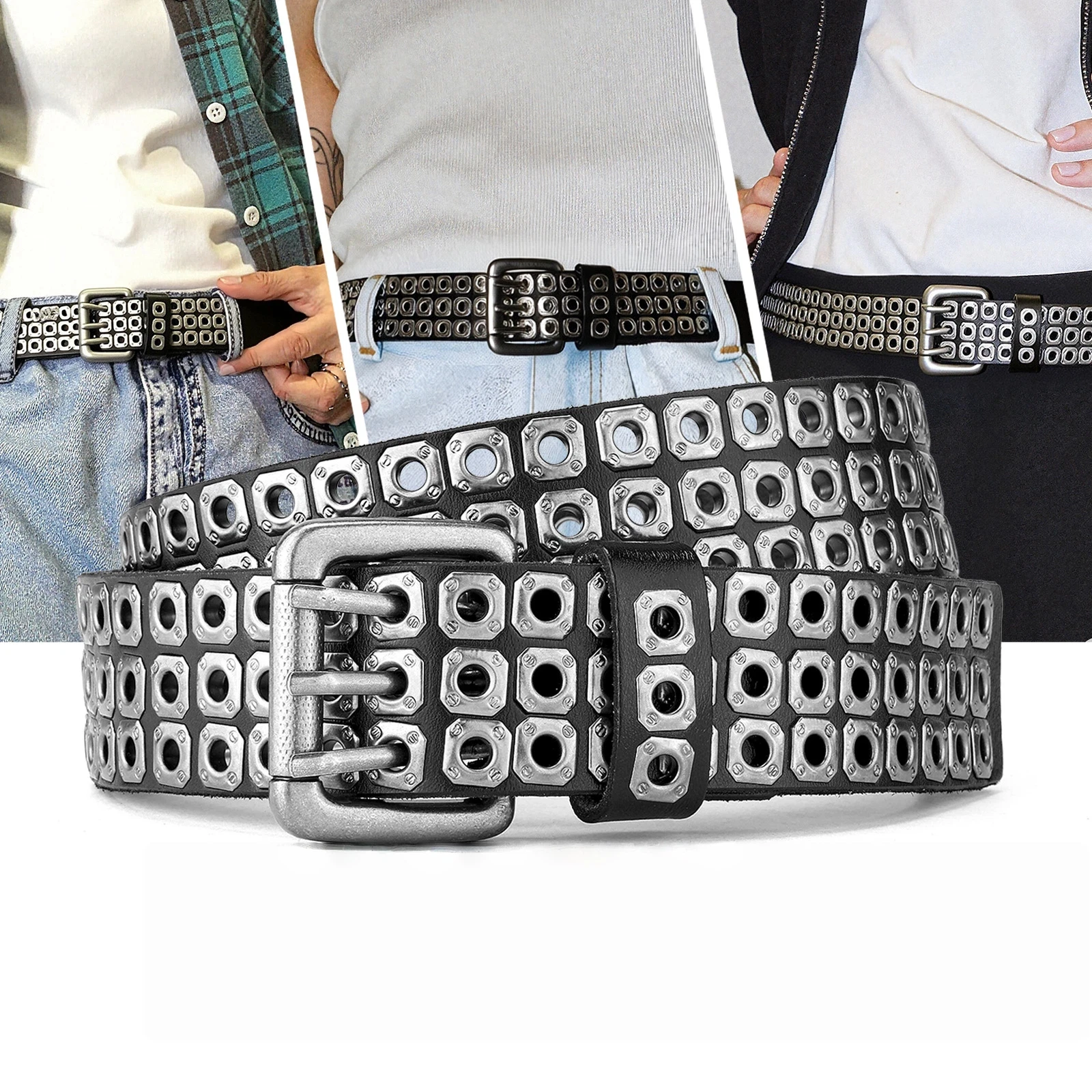 Pure Cowhide Men's Business Versatile Three Pin Buckle Leather Belt, Casual Retro Cool Personalized Trendy Hip-hop Jeans Belts