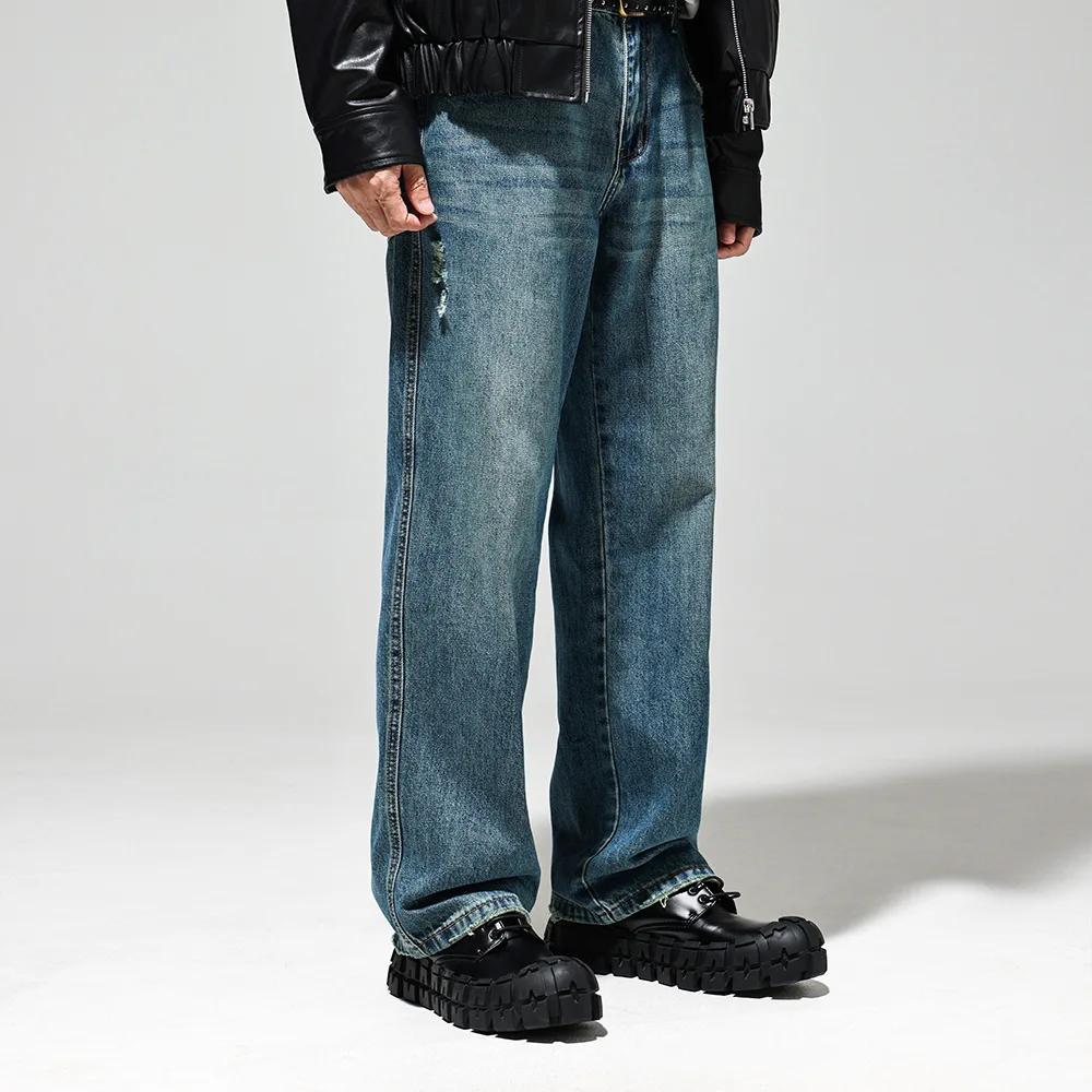 

Мужские джинсы свободного кроя в стиле ретро, прямые брюки с отворотами, винтажные повседневные хлопковые джинсовые брюки, весна 2026