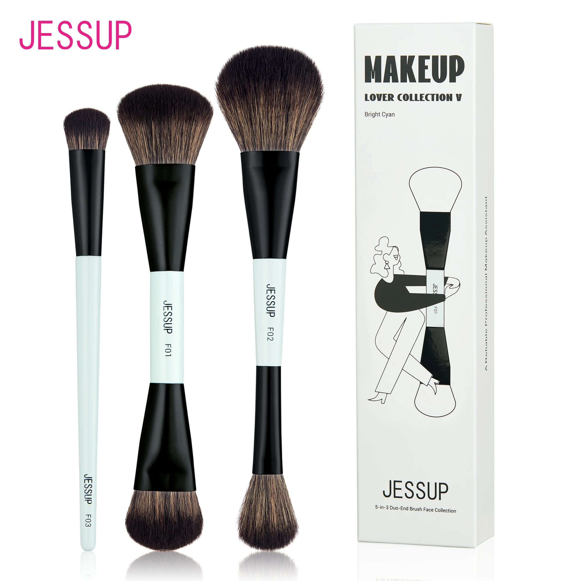 Jessup Gesichts-Make-up-Pinsel-Set, 2/3/5 Stück, doppelseitiger Make-up-Pinsel, Foundation-Kontur-Concealer, tierversuchsfrei, helles Cyan T503