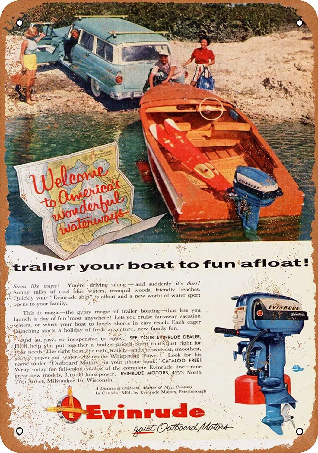 Tin Sign - 1956 Evinrude Outboard Motors - Metal Sign Vintage Look Garage Man Cave Retro Wall Decor