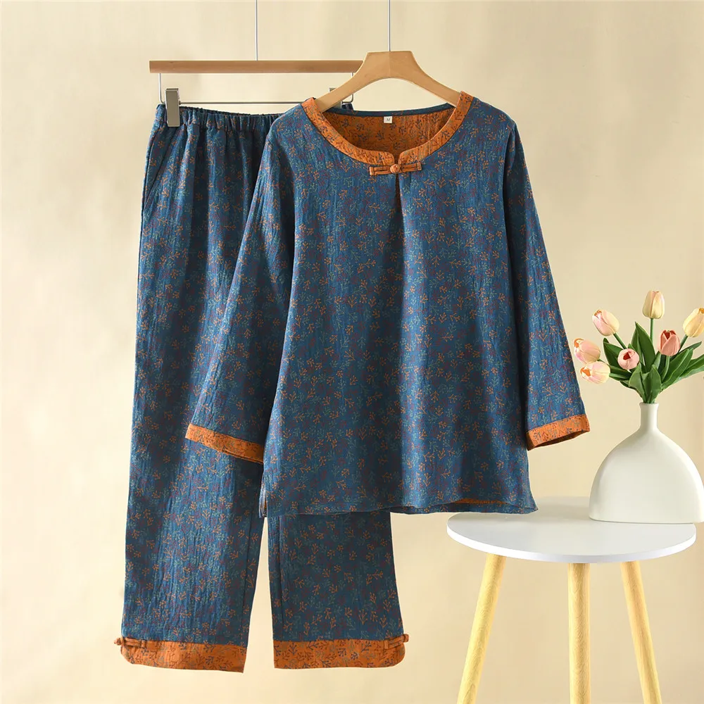 Japanese Spring and Autumn Women's Pajama Set Cotton Vintage Long sleeved Pullover Pants Two Piece Set for Home