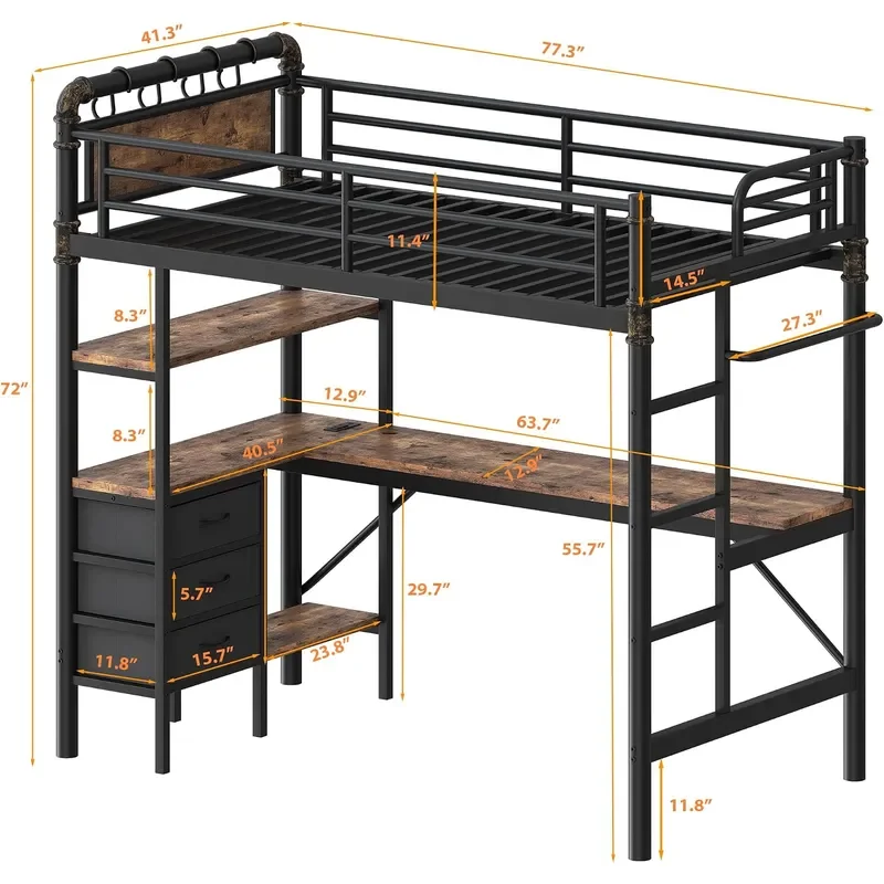 Twin Size Loft Bed with L-Shaped Desk LED Lights Charging Station Industrial Heavy Duty Metal Loft Bed Frame with 3 Storage