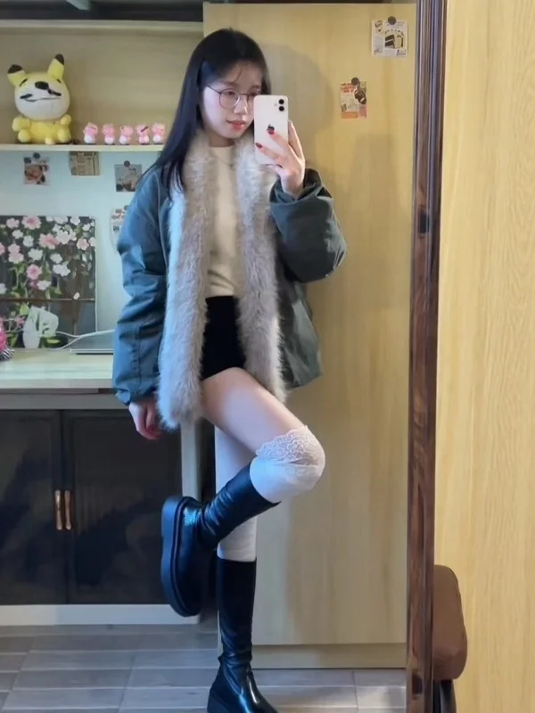 

Женское хлопковое пальто в стиле ретро с меховым воротником, корейский стиль, приталенное, с длинными рукавами, V-образным вырезом, стандартной длины