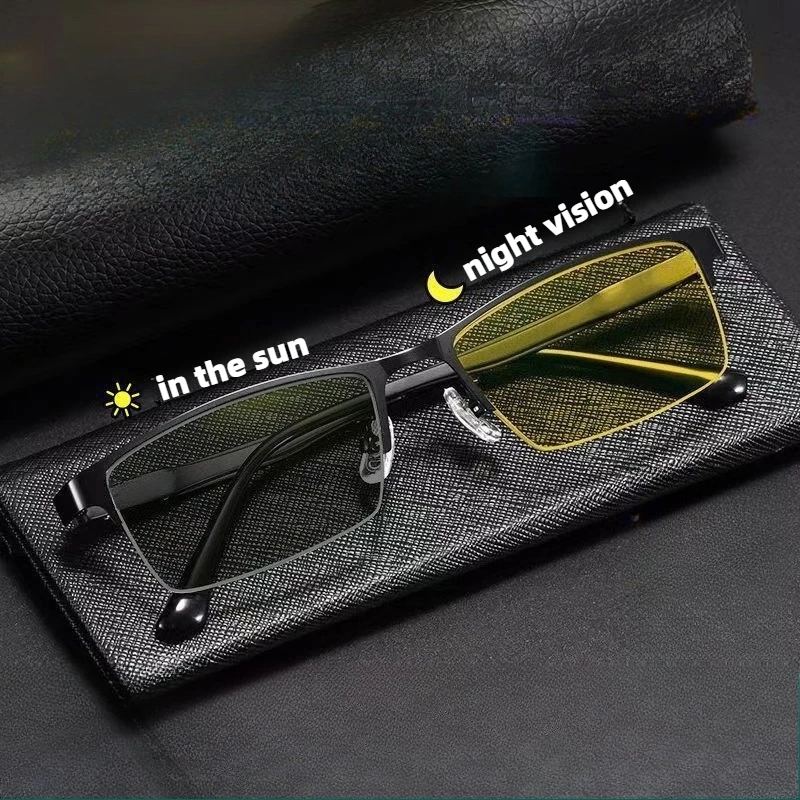 Photochromic Night Vision Glasses Semi-Rimless UV-Protective Sunglasses Men's Driving Eyewear for Anti-Glare Protection