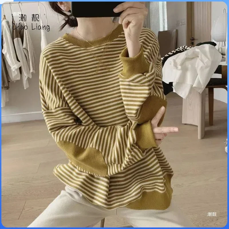 Spring Autumn New Round Neck Striped Simple Sweatshirt Ladies Long Sleeve Loose Casual Fashion Top Women Pullover Female Clothes