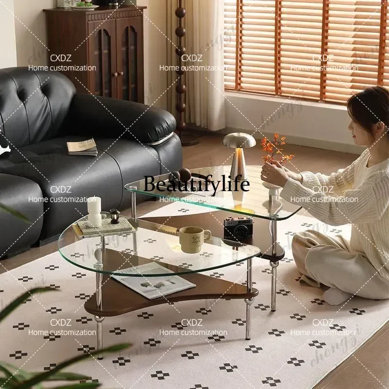 Stainless steel silver wing combination coffee table simple double glass coffee table living room art low table small