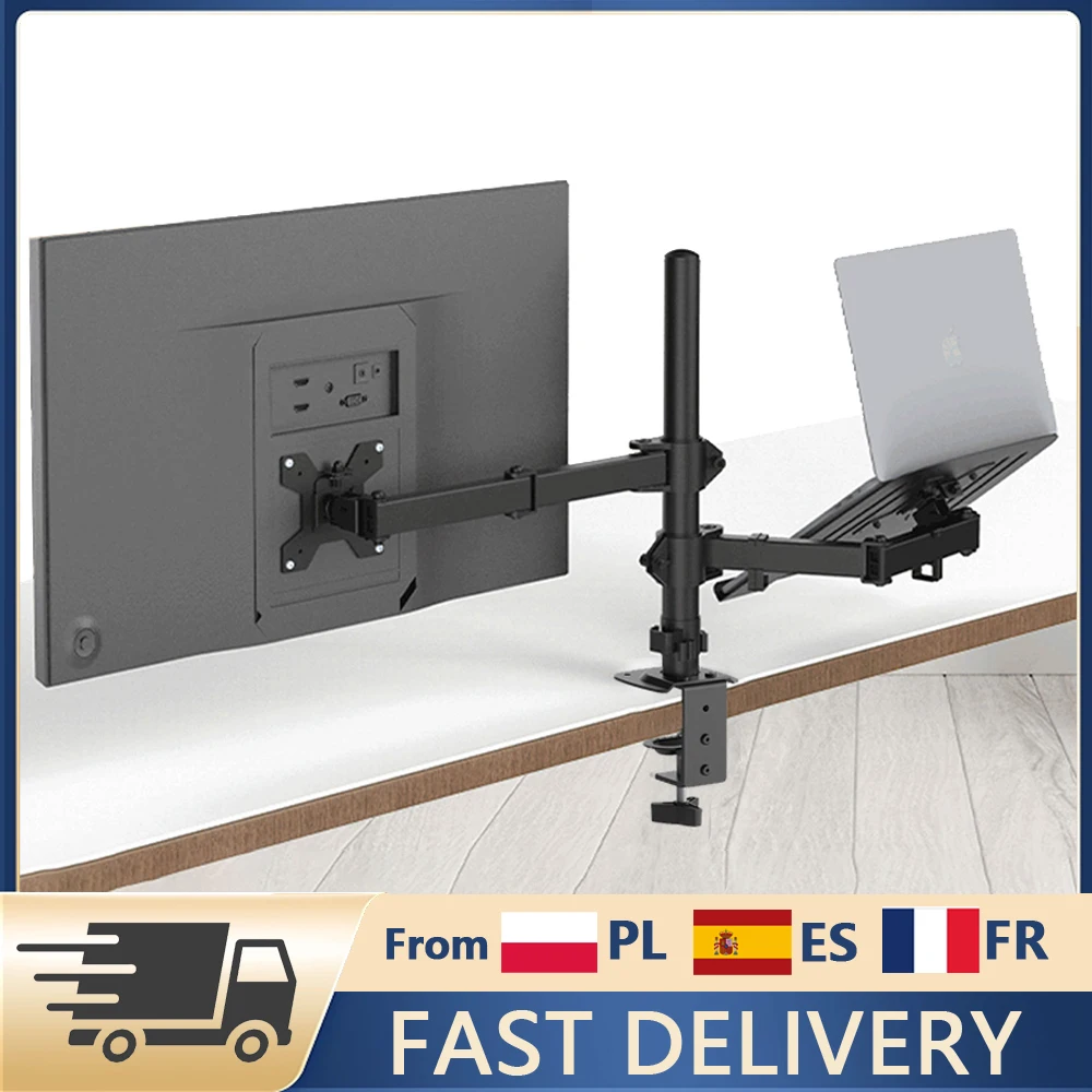 Support de bureau pour deux moniteurs, pour écrans de 13 à 27 pouces et ordinateur portable de 17 pouces, réglable en hauteur, angle et distance, support pour ordinateur portable