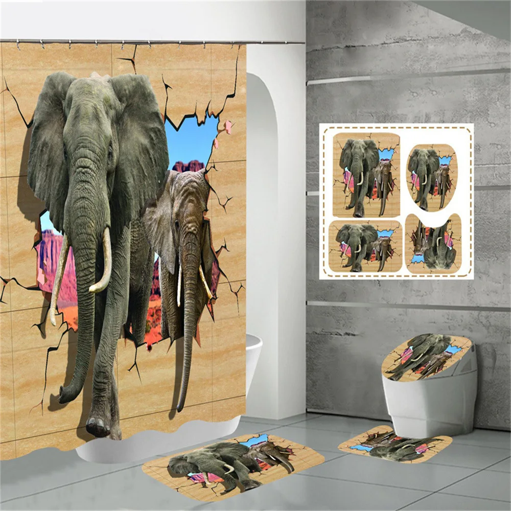 Colorful Elephant Shower Curtain Set with Non-Slip Rug Toilet Cover Bath Mat African Mandala Bath Curtains Waterproof With Hooks