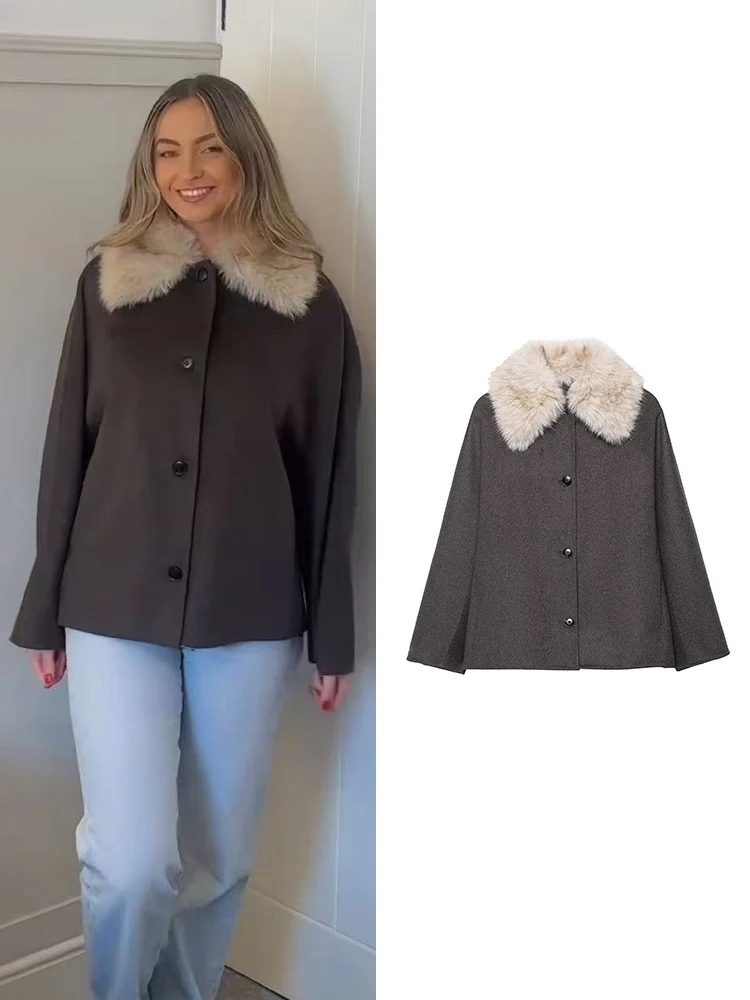 

Fur Patchwork Collar Coats For Women Lapel Elegant Single Breasted Loose Long Sleeve Jacket Female Autumn Winter New Outwear