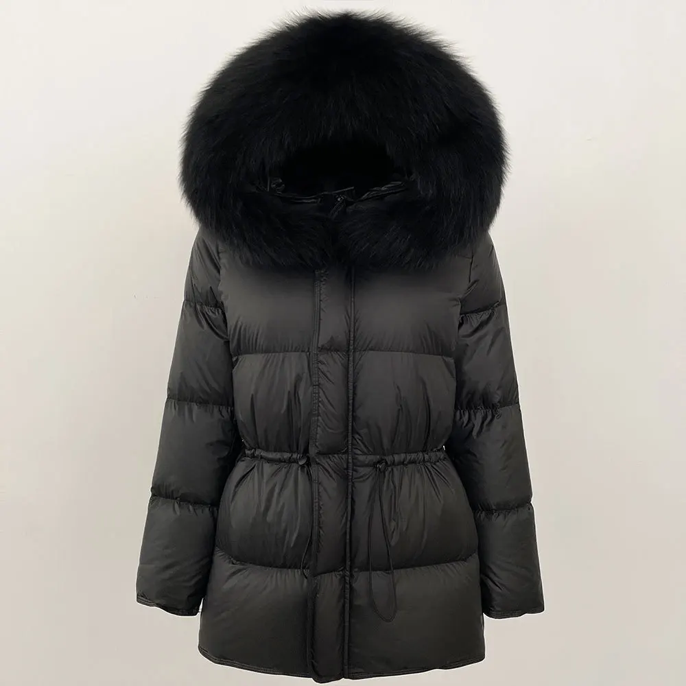 Veste en duvet de canard blanc pour femme, col en fourrure de renard, surdimensionnée, épaisse, mi-longue, à capuche, taille, hiver