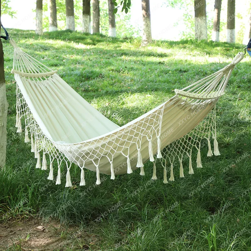 Elegant Tassel Outdoor Hammock Portable Courtyard Swing Canvas Hanging Bed Foldable Garden Sleeping Bed Adult Camping Hammock