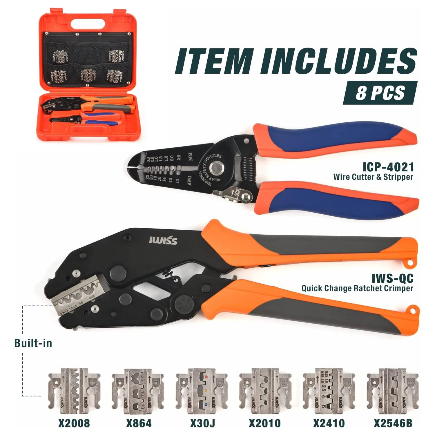 IWISS Rachet Crimping Plier Set,Quick Change Jaws for Open Barrel Terminals/End Sleeves Ferrules Crimper Muilt-Jaws Hand Tools