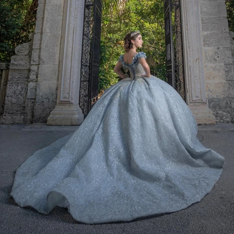 Vestido de baile con hombros descubiertos para niña, traje Sexy de quinceañera, con apliques de 3 flores, con cuentas, para fiesta de cumpleaños y graduación