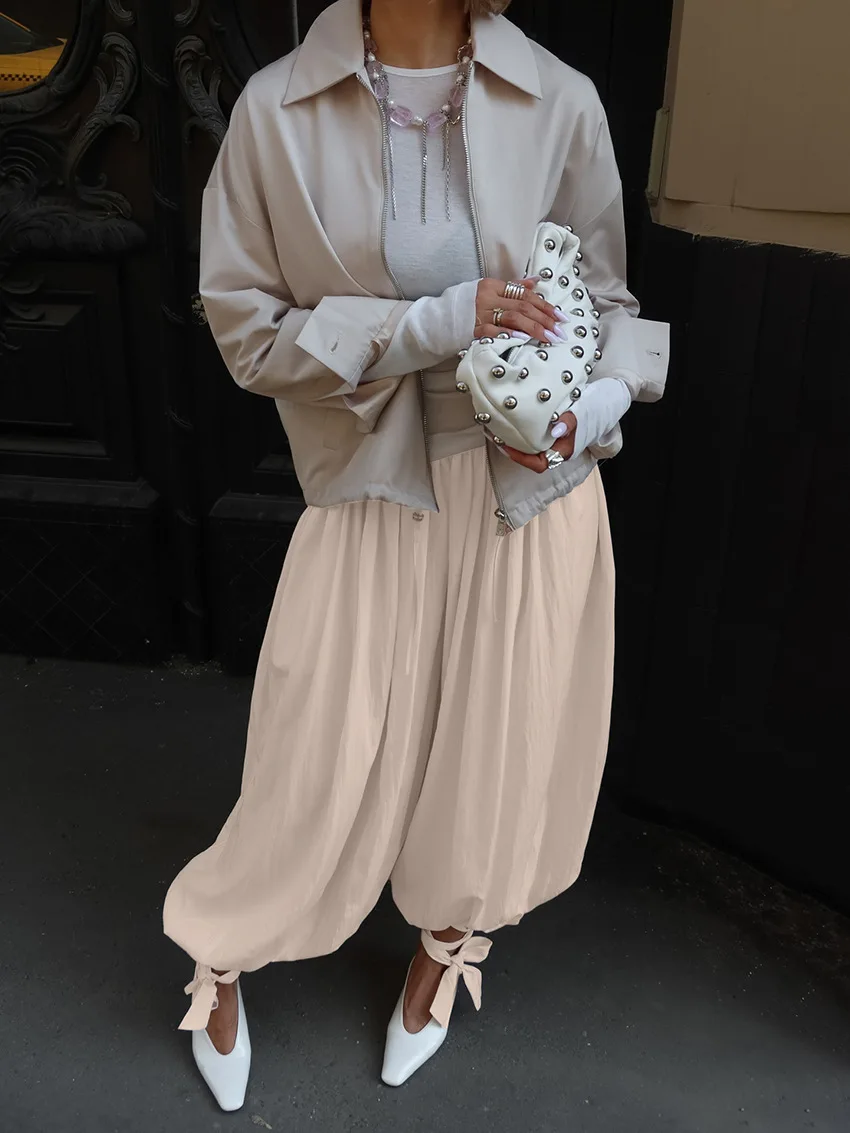 Casual Pink Oversized Bloomers Women Elastic Waist Hip Hop Wide Leg Pants Street Balloon Lace Up Jogger 2026 Summer New Casual