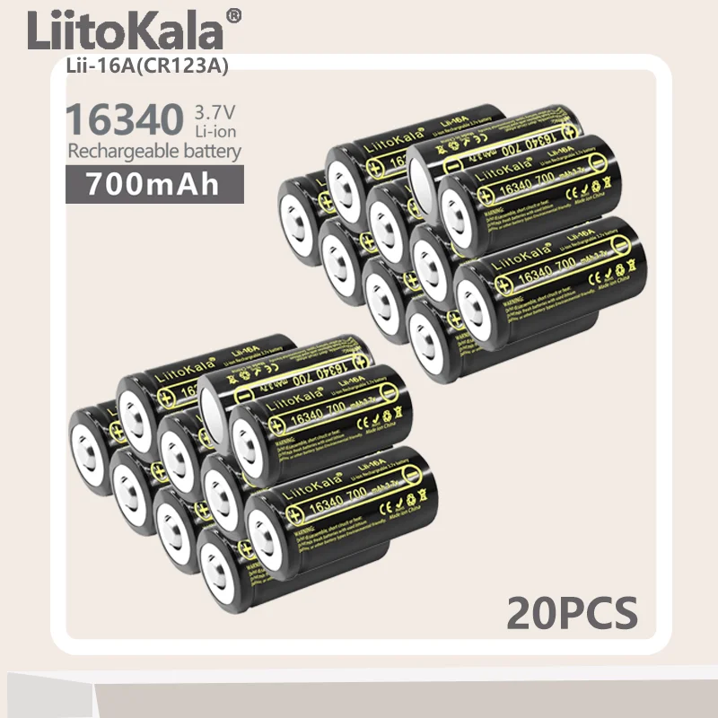 20PCS LiitoKala Lii-16A Li-ion 16340 Battery CR123A Rechargeable Batteries 3.7V CR123 for Laser Pen LED Flashlight Cell