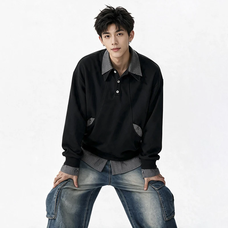 LUZHEN 2026 New Trendy Double Layer Fake Two Piece Design Hollow Out Long Sleeve Sweatshirt Pullover Men's Korean Clothes JY8972