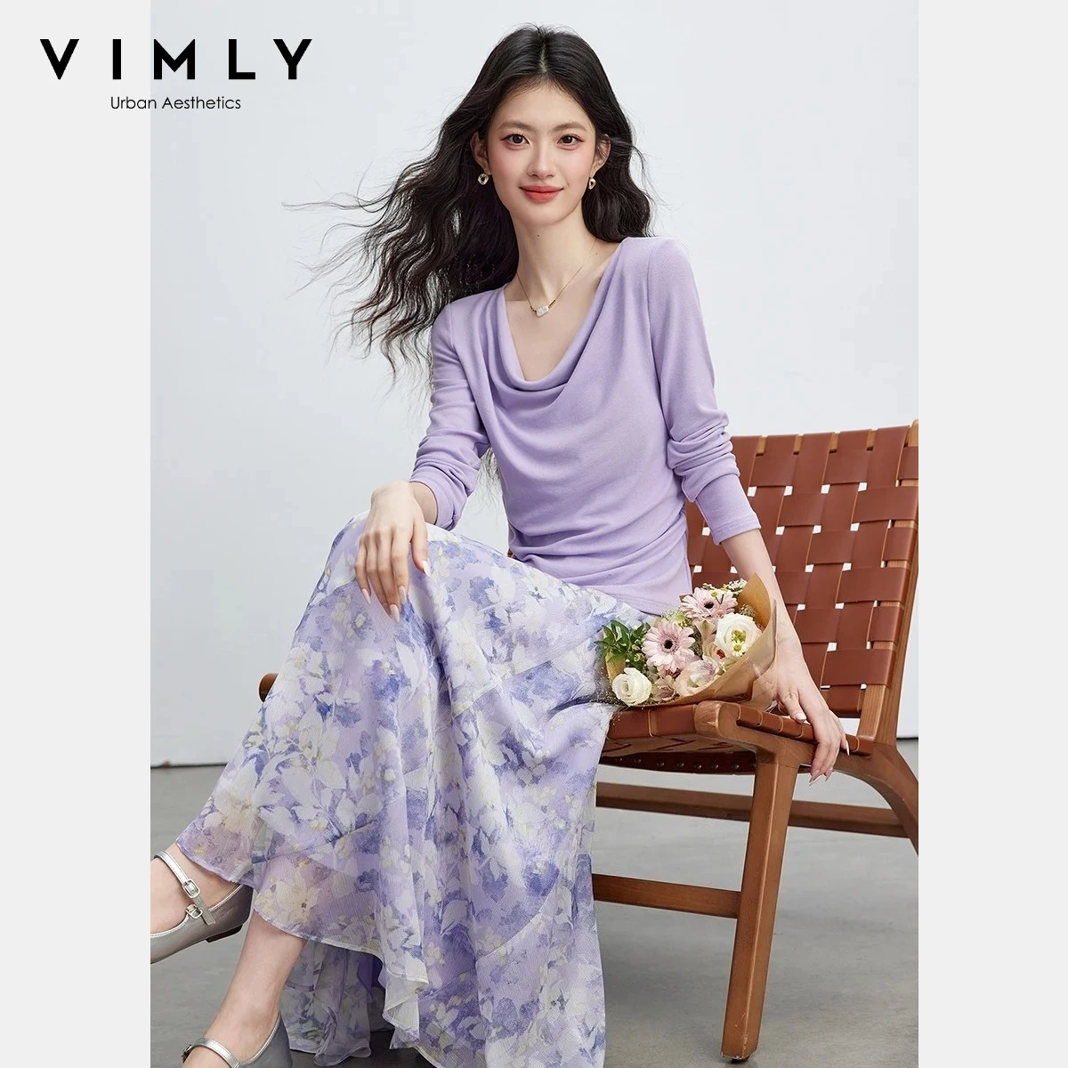 

VIMLY Women's Knit Floral Skirt Set 2026 Spring New Draped Neck Knitted T-shirt Purple Floral Print Midi Skirt 2 Piece Set A3693