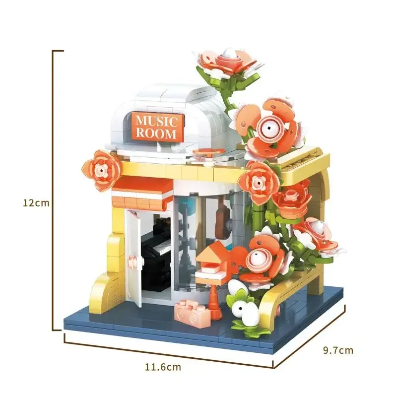 Bloques de construcción de tienda de flores, vista de calle de ciudad, sala de música, estudio de baile, Museo de arte, arquitectura, modelo de ladrillos, juguetes para niños, regalos para niñas