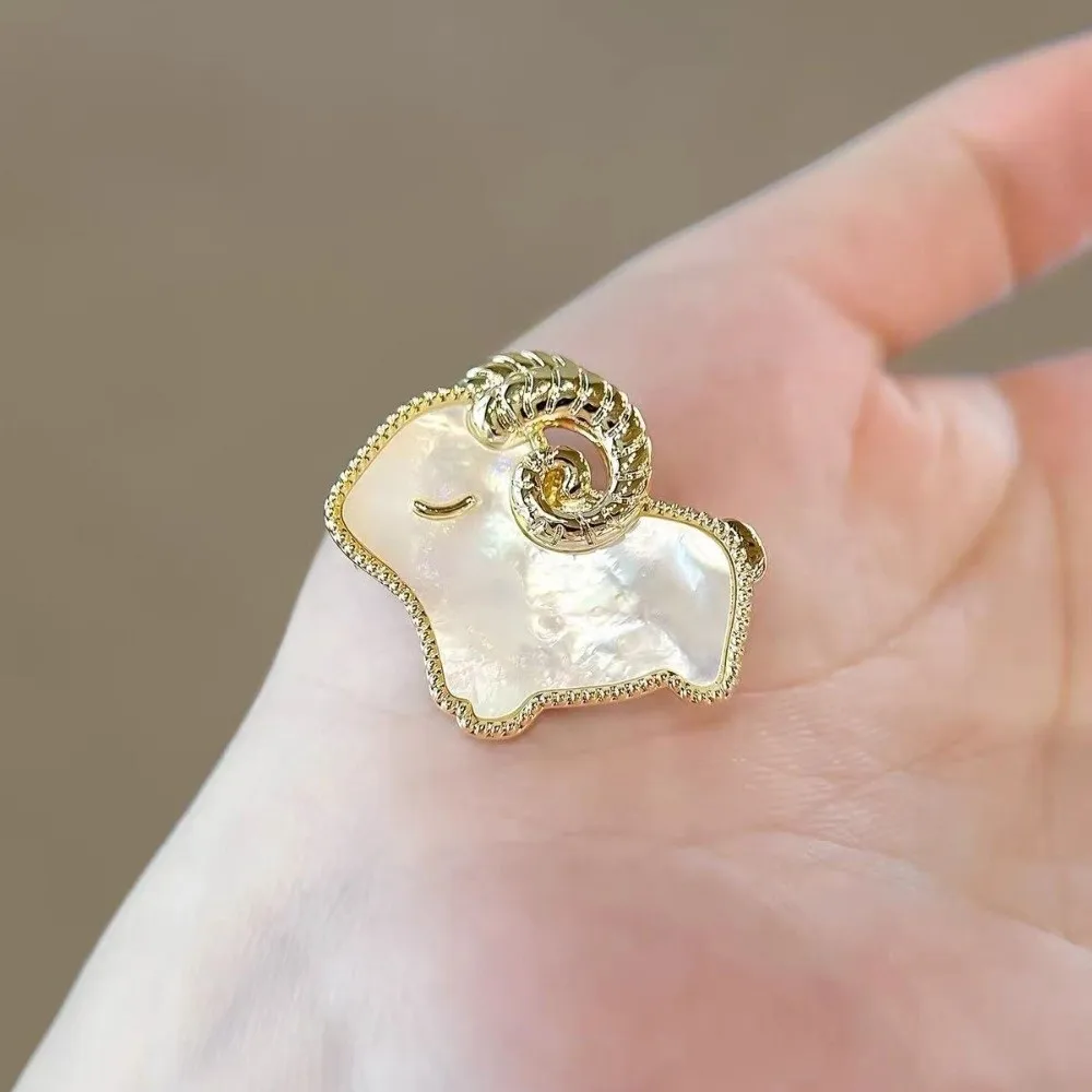 Exquisite Metal Golden Sheep Brooch Inlaid Rhinestone Curved Horns Lucky Ram Breastpin Colorful Crystals Glossy Shell